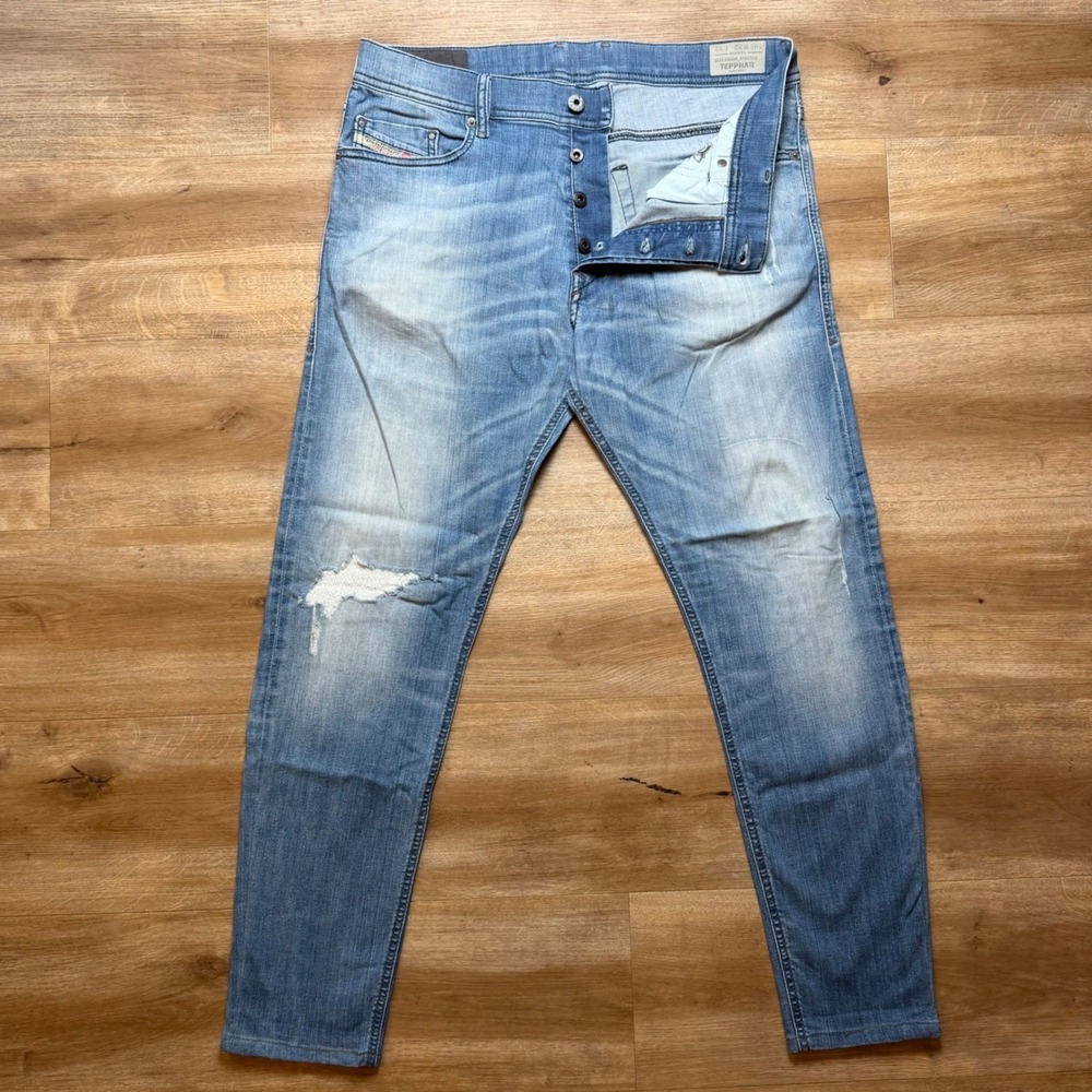 Diesel Tepphar Jeans Mens 32x28‎ Blue Slim Carrot Distressed Stretch Denim 0609R